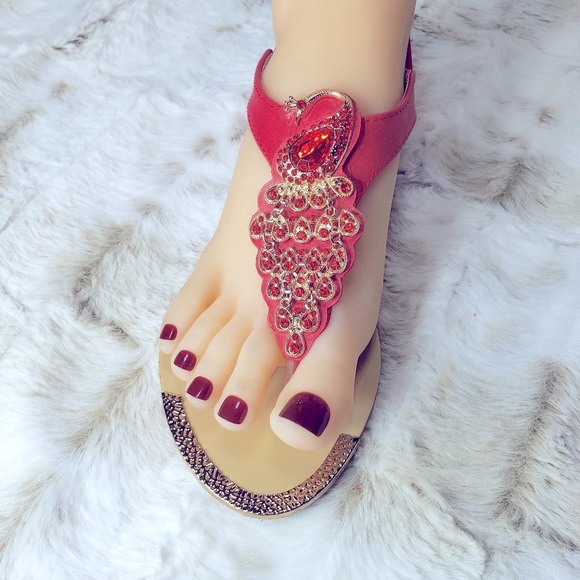 Red Rhinestone Peacock Toe Strap Sandals - Picture 6 of 15